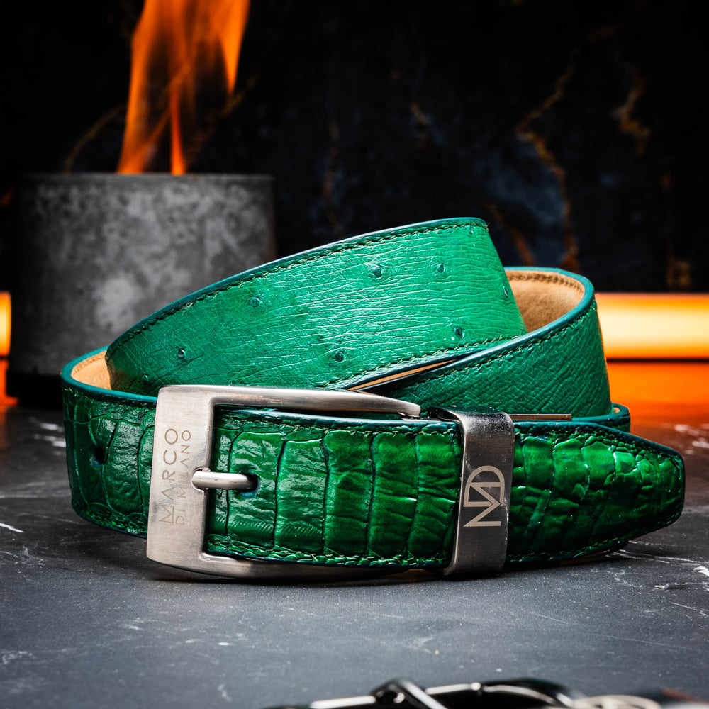 Introducing the Alessio Belt Lemon Green by Marco Di Milano—a coiled green leather belt with a silver buckle, featuring an embossed texture and the brand name “Marco Di Milano” engraved on the buckle. This handcrafted luxury accessory is designed to elevate any wardrobe with its refined elegance.