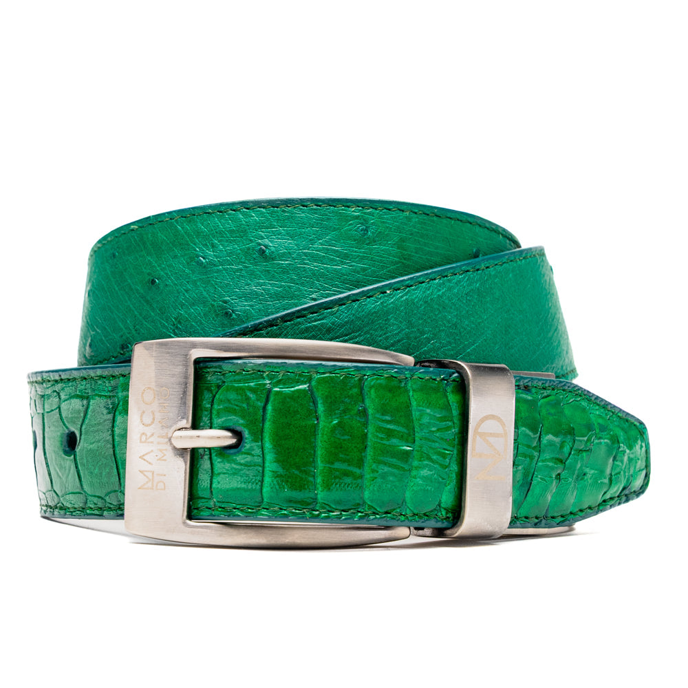 Introducing the Alessio Belt Lemon Green by Marco Di Milano—a coiled green leather belt with a silver buckle, featuring an embossed texture and the brand name “Marco Di Milano” engraved on the buckle. This handcrafted luxury accessory is designed to elevate any wardrobe with its refined elegance.