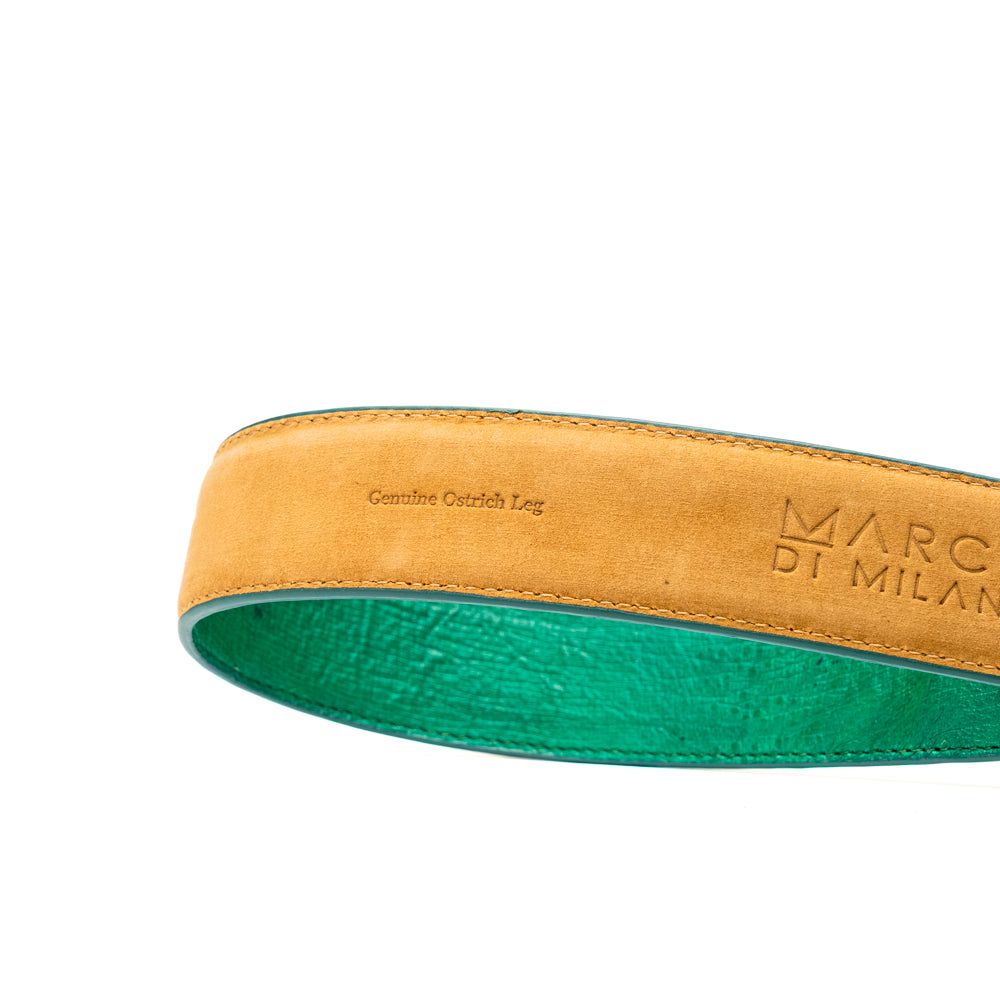 Introducing the Alessio Belt Lemon Green by Marco Di Milano—a coiled green leather belt with a silver buckle, featuring an embossed texture and the brand name “Marco Di Milano” engraved on the buckle. This handcrafted luxury accessory is designed to elevate any wardrobe with its refined elegance.