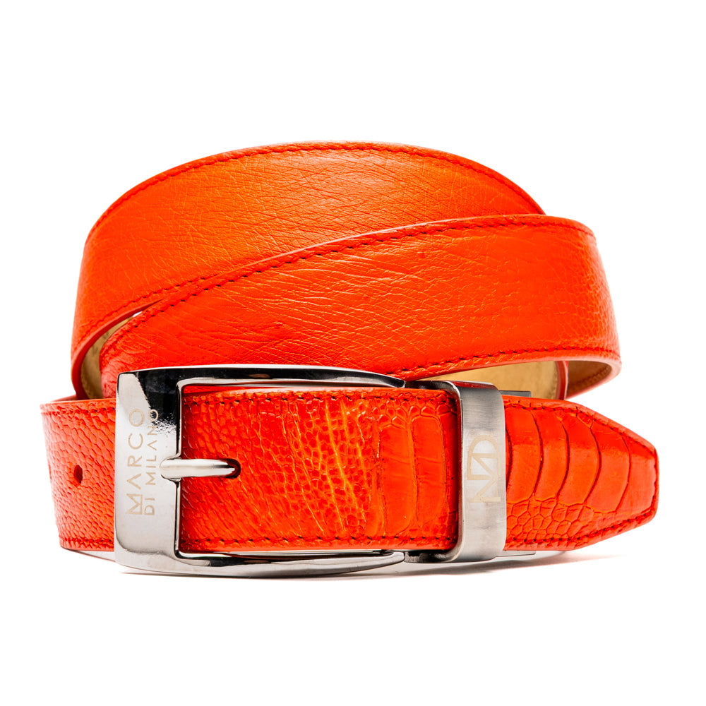 Close-up of the Alessio Belt Orange by Marco Di Milano, a handcrafted luxury accessory made from genuine orange ostrich leather, highlighting its distinctive texture and five adjustment holes against a white background.