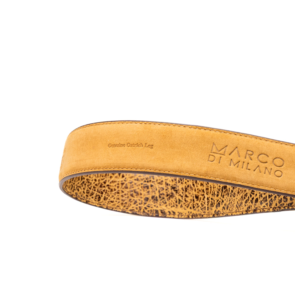 The Alessio Belt Orix by Marco Di Milano, featuring textured genuine ostrich leather in brown and a silver buckle, is coiled to display both its inside and outside surfaces.