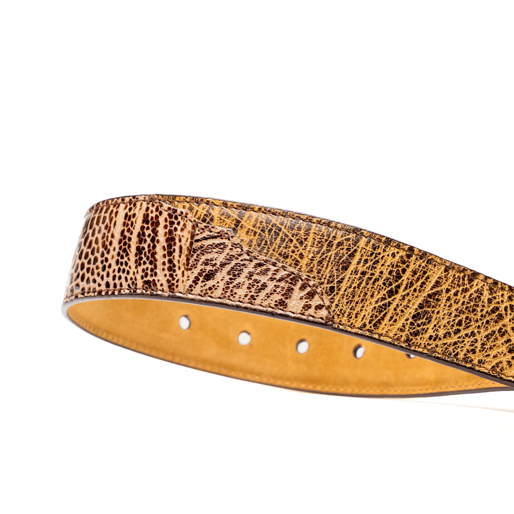 The Alessio Belt Orix by Marco Di Milano, featuring textured genuine ostrich leather in brown and a silver buckle, is coiled to display both its inside and outside surfaces.