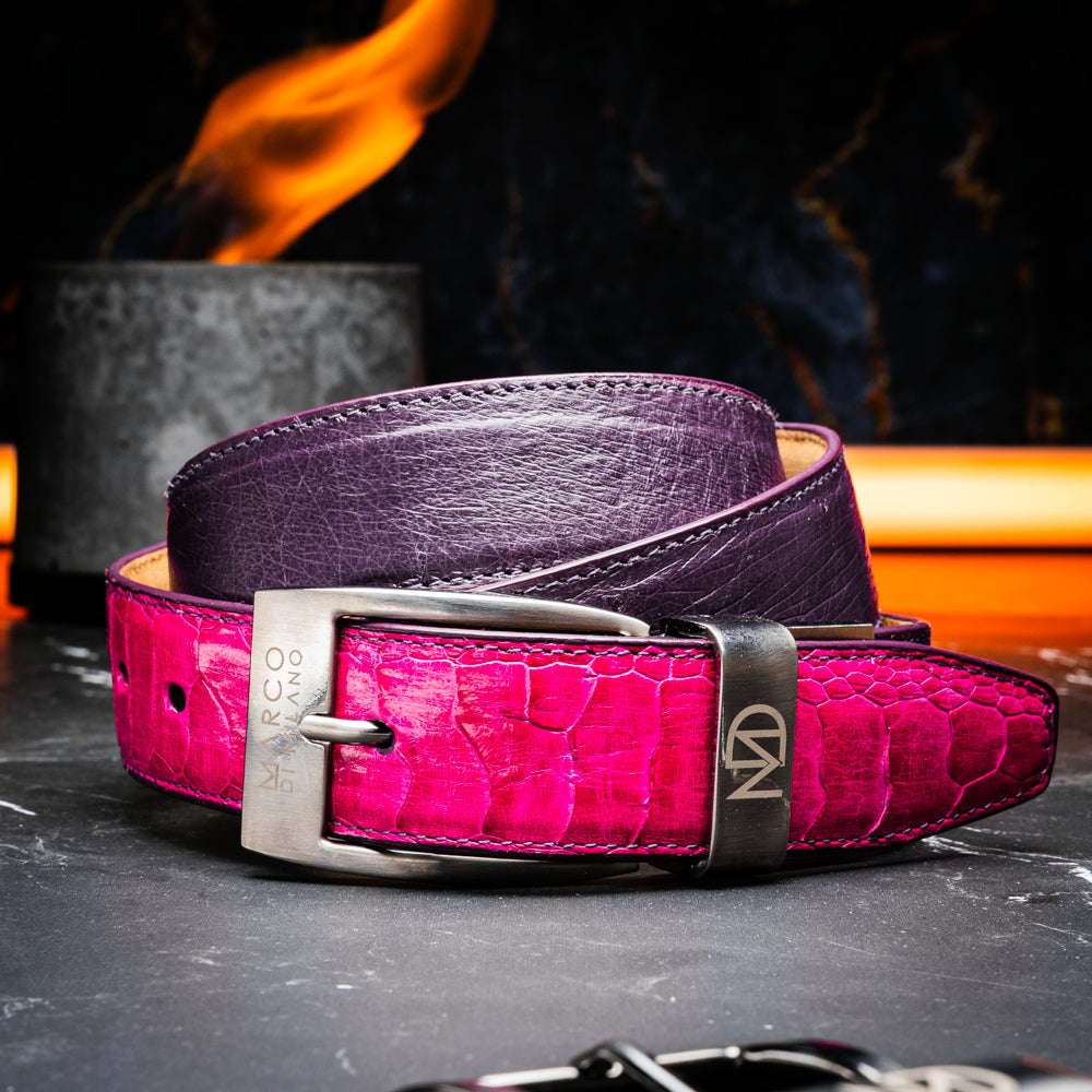 Introducing the Marco Di Milano Alessio Belt in Pink/Purple—a luxurious handcrafted accessory featuring a purple top side and a finely textured bright pink inner side, completed with a meticulously finished silver buckle engraved with the Marco Di Milano logo.