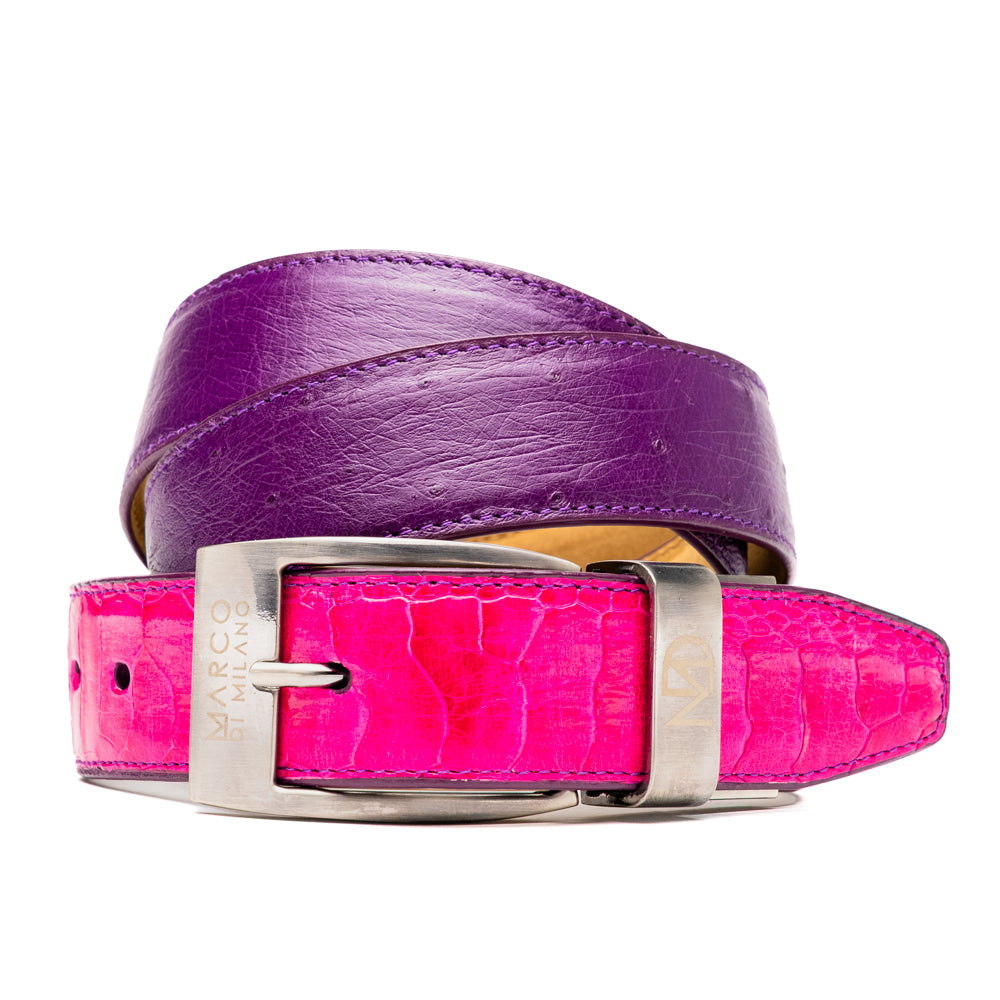 Introducing the Marco Di Milano Alessio Belt in Pink/Purple—a luxurious handcrafted accessory featuring a purple top side and a finely textured bright pink inner side, completed with a meticulously finished silver buckle engraved with the Marco Di Milano logo.