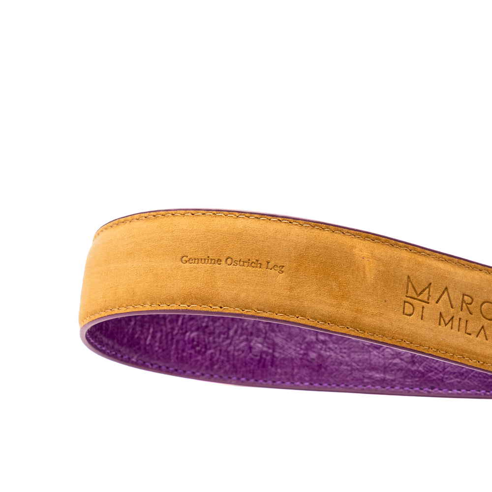 Introducing the Marco Di Milano Alessio Belt in Pink/Purple—a luxurious handcrafted accessory featuring a purple top side and a finely textured bright pink inner side, completed with a meticulously finished silver buckle engraved with the Marco Di Milano logo.