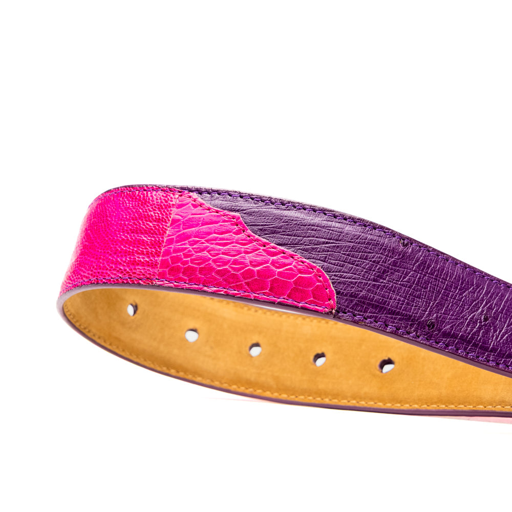 Introducing the Marco Di Milano Alessio Belt in Pink/Purple—a luxurious handcrafted accessory featuring a purple top side and a finely textured bright pink inner side, completed with a meticulously finished silver buckle engraved with the Marco Di Milano logo.