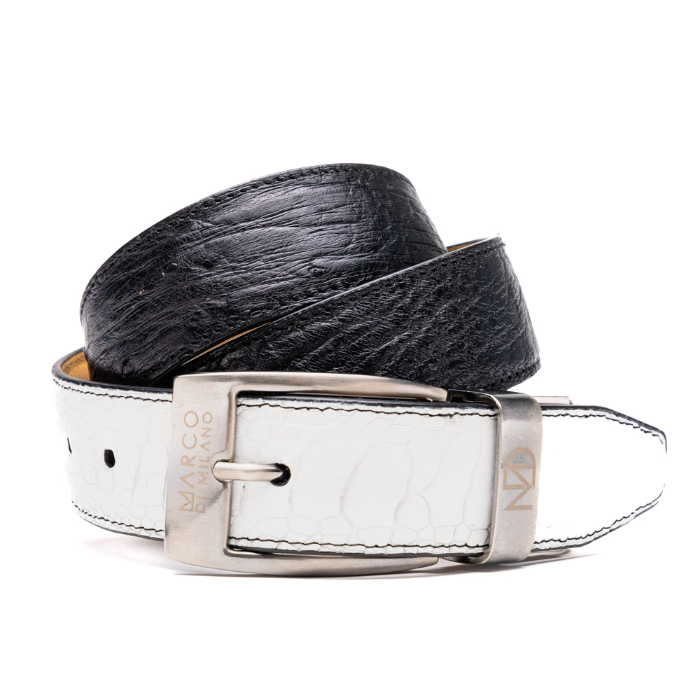 The Alessio Belt White / Black by Marco Di Milano showcases both a black and a white genuine ostrich belt, coiled together with visible textures and silver buckles engraved with the brand’s logo.