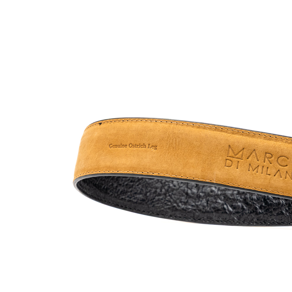The Alessio Belt White / Black by Marco Di Milano showcases both a black and a white genuine ostrich belt, coiled together with visible textures and silver buckles engraved with the brand’s logo.