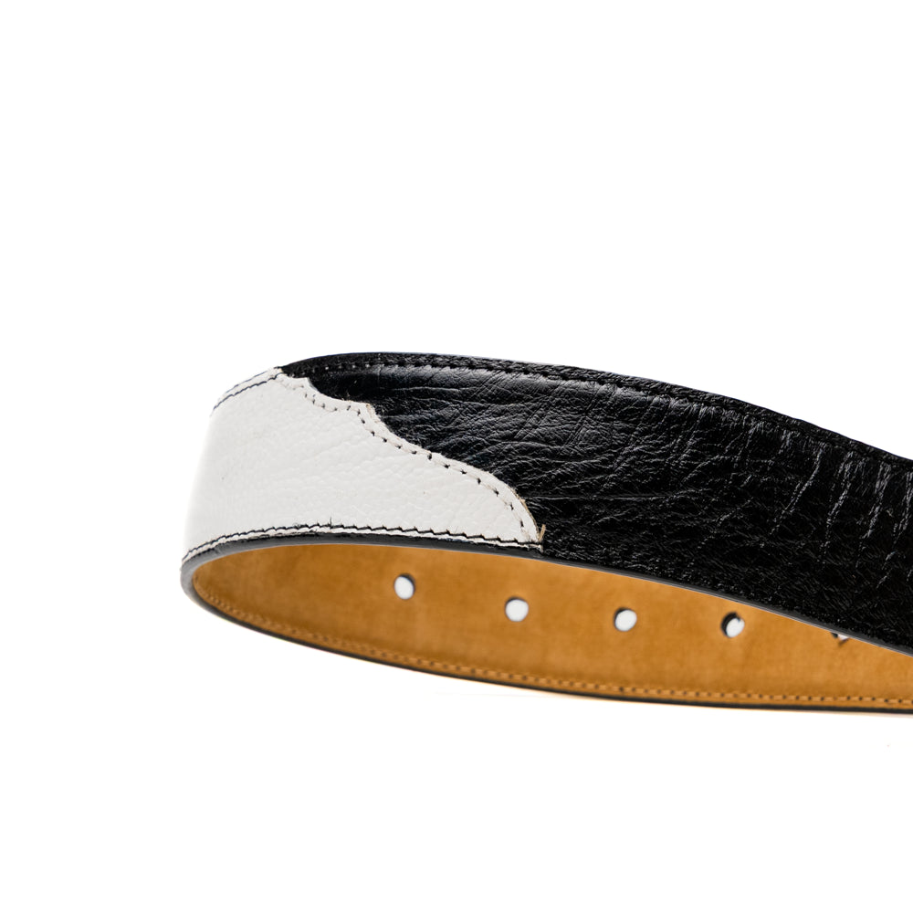 The Alessio Belt White / Black by Marco Di Milano showcases both a black and a white genuine ostrich belt, coiled together with visible textures and silver buckles engraved with the brand’s logo.