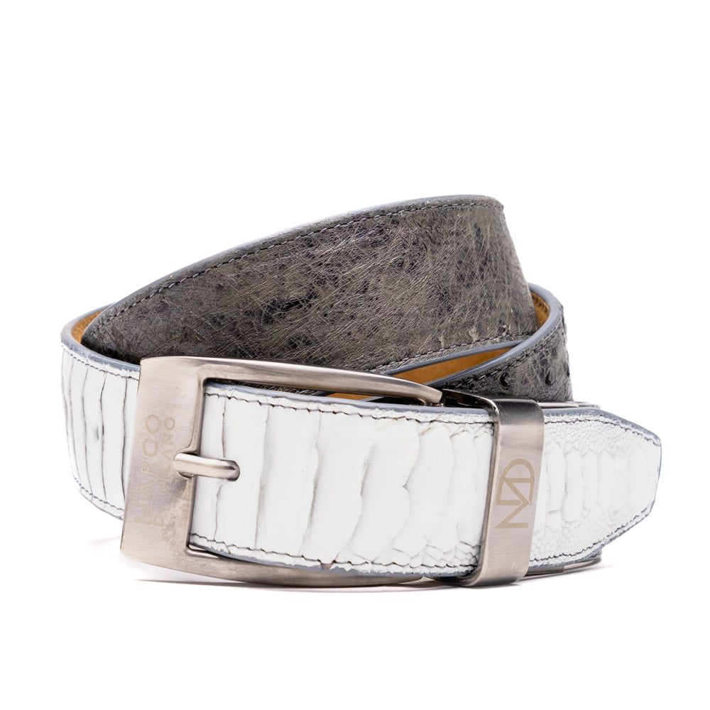 Introducing the Alessio Belt White / Gray by Marco Di Milano—a handcrafted luxury accessory featuring a textured gray exotic leather strap and a distinctive white, ridged front. The metallic buckle is engraved with the Marco Di Milano logo, accentuating the exquisite craftsmanship of this elegant belt.