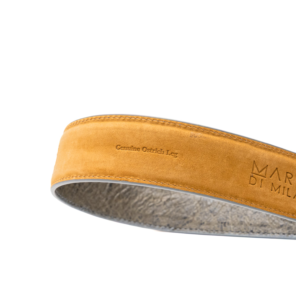 Introducing the Alessio Belt White / Gray by Marco Di Milano—a handcrafted luxury accessory featuring a textured gray exotic leather strap and a distinctive white, ridged front. The metallic buckle is engraved with the Marco Di Milano logo, accentuating the exquisite craftsmanship of this elegant belt.