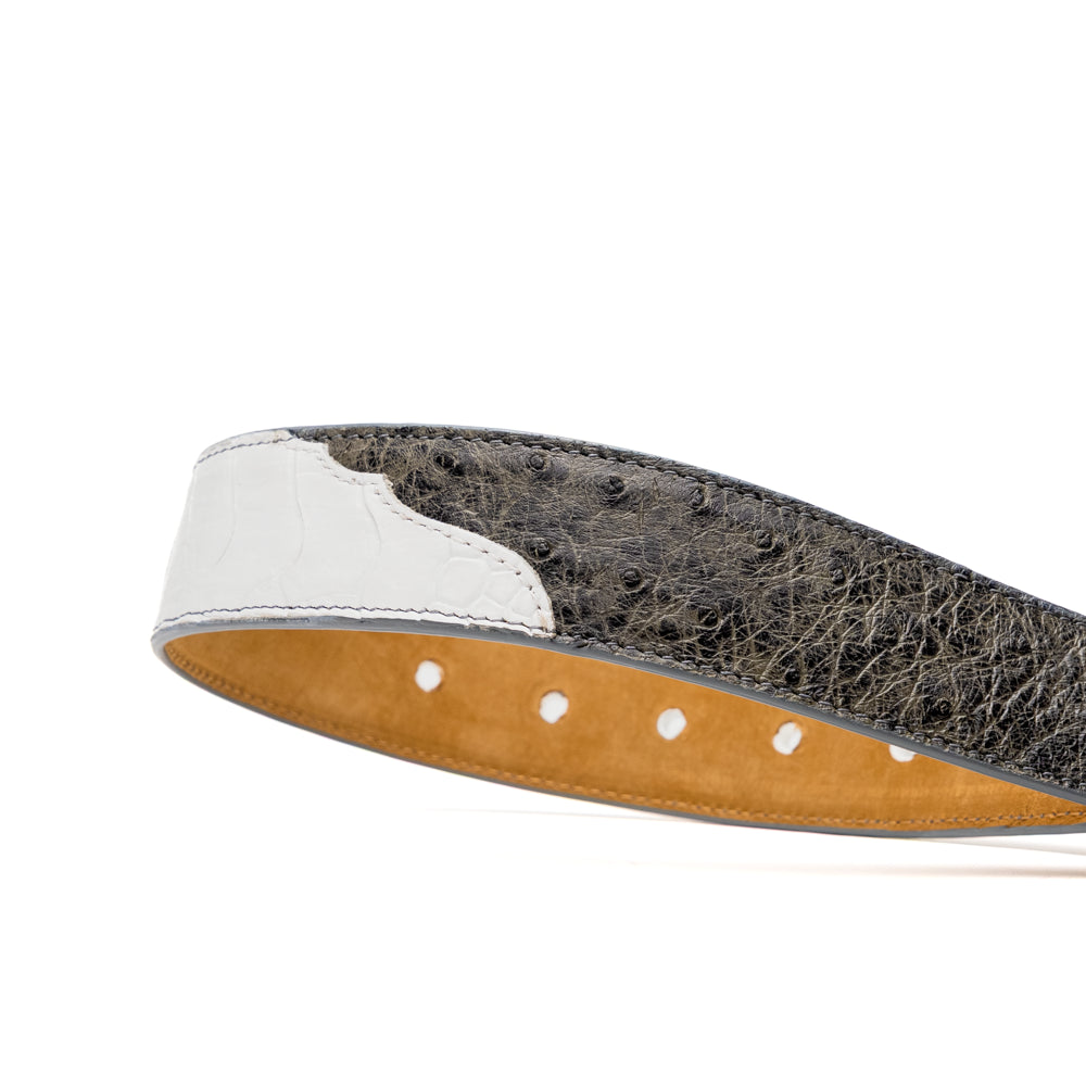 Introducing the Alessio Belt White / Gray by Marco Di Milano—a handcrafted luxury accessory featuring a textured gray exotic leather strap and a distinctive white, ridged front. The metallic buckle is engraved with the Marco Di Milano logo, accentuating the exquisite craftsmanship of this elegant belt.
