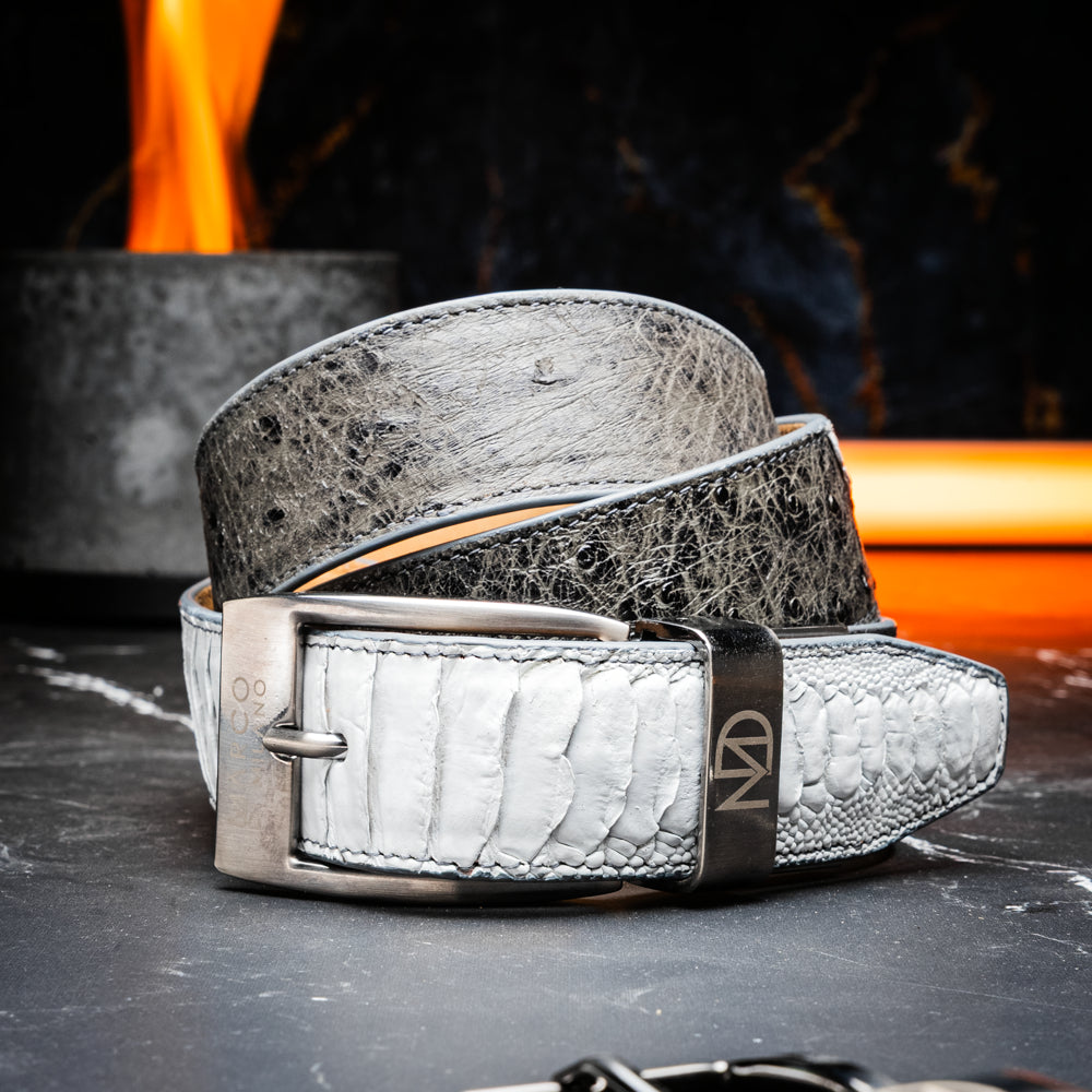 Introducing the Alessio Belt White / Gray by Marco Di Milano—a handcrafted luxury accessory featuring a textured gray exotic leather strap and a distinctive white, ridged front. The metallic buckle is engraved with the Marco Di Milano logo, accentuating the exquisite craftsmanship of this elegant belt.