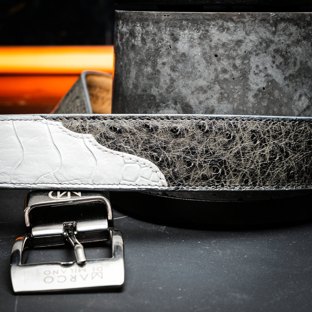 Introducing the Alessio Belt White / Gray by Marco Di Milano—a handcrafted luxury accessory featuring a textured gray exotic leather strap and a distinctive white, ridged front. The metallic buckle is engraved with the Marco Di Milano logo, accentuating the exquisite craftsmanship of this elegant belt.