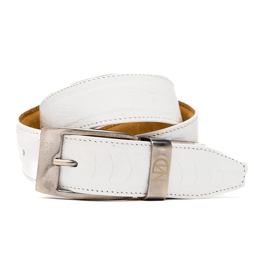 Introducing the Alessio Belt White by Marco Di Milano—a handcrafted luxury belt in pristine white leather, adorned with a silver buckle engraved with the brand’s iconic signature, elegantly coiled on a white background.