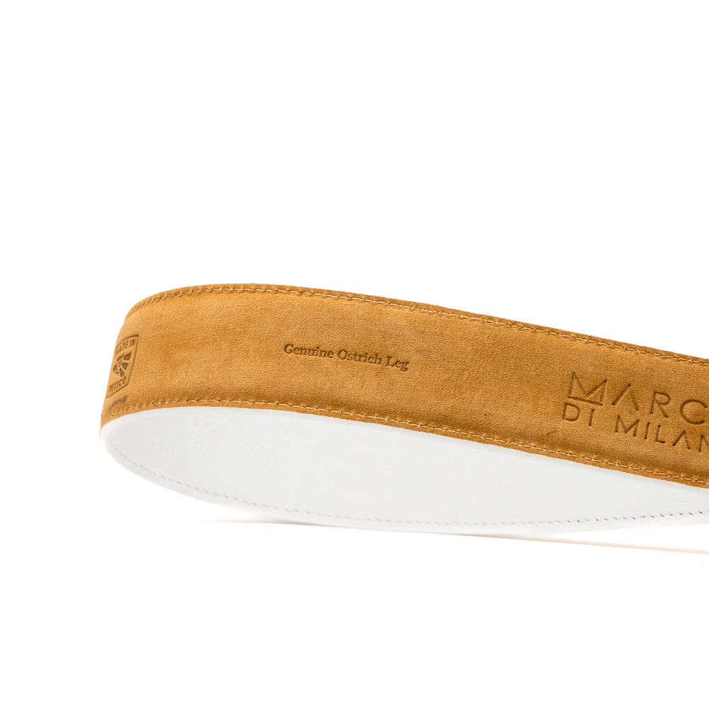 Introducing the Alessio Belt White by Marco Di Milano—a handcrafted luxury belt in pristine white leather, adorned with a silver buckle engraved with the brand’s iconic signature, elegantly coiled on a white background.