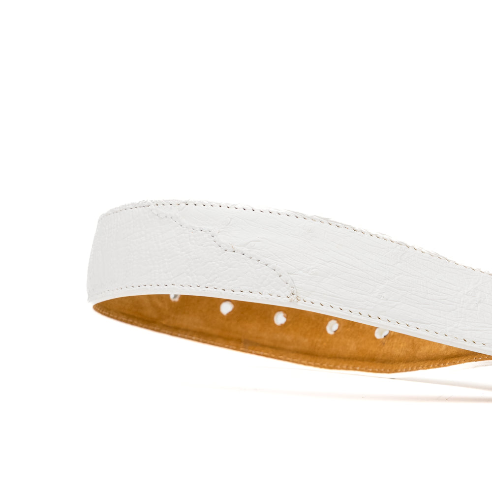 Introducing the Alessio Belt White by Marco Di Milano—a handcrafted luxury belt in pristine white leather, adorned with a silver buckle engraved with the brand’s iconic signature, elegantly coiled on a white background.