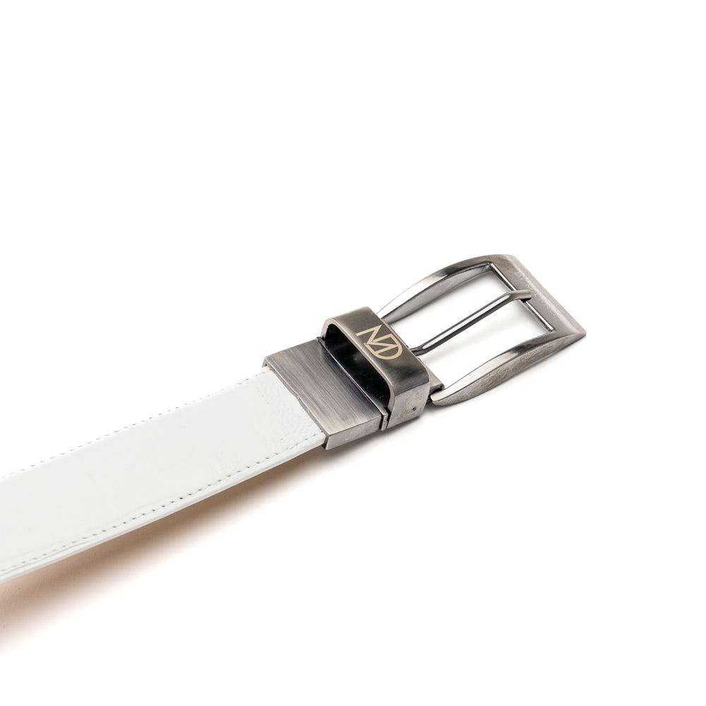 Introducing the Alessio Belt White by Marco Di Milano—a handcrafted luxury belt in pristine white leather, adorned with a silver buckle engraved with the brand’s iconic signature, elegantly coiled on a white background.