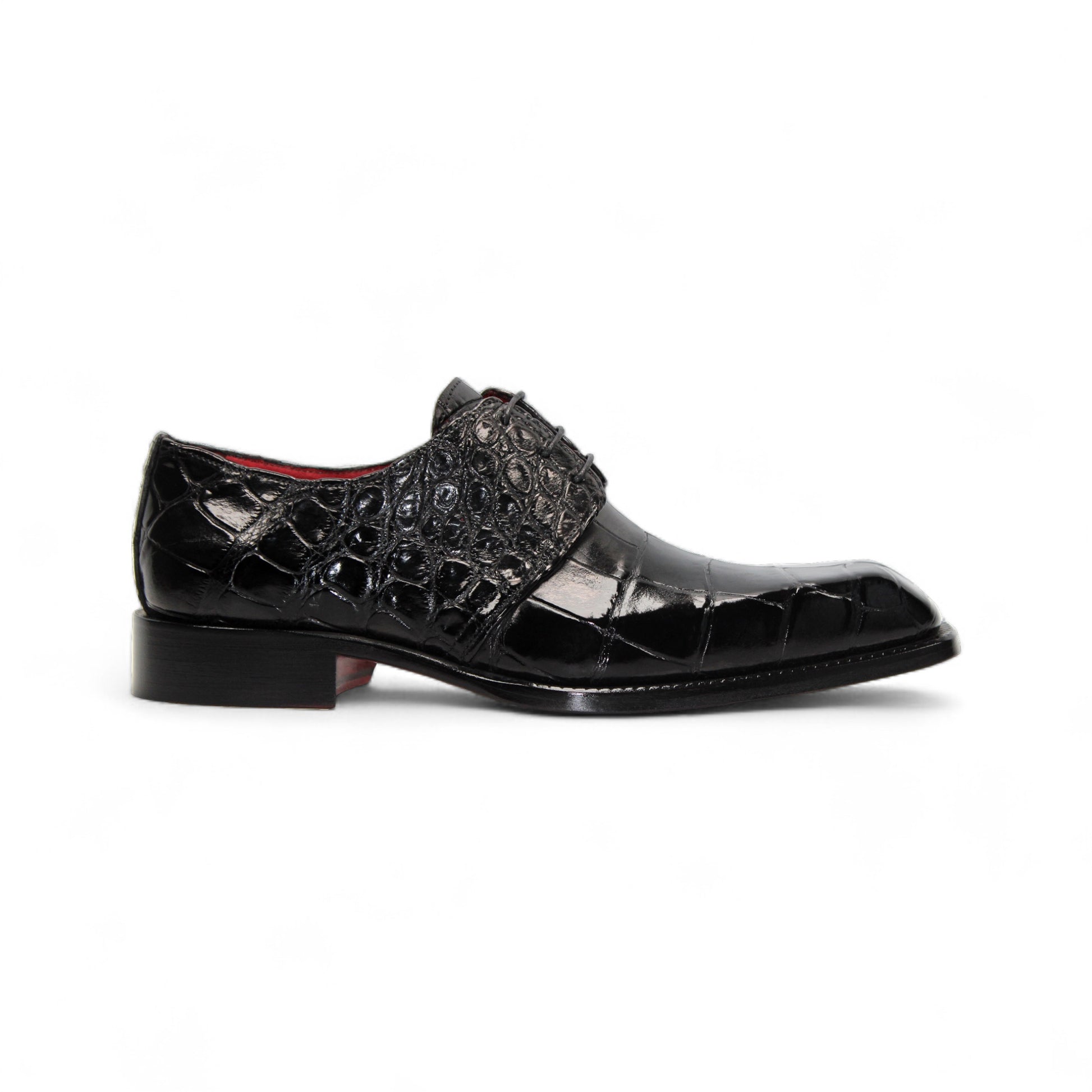 The Fennix Alexander Black by Fennix of Italy is a black leather dress shoe with crocodile texture and low heel, handcrafted in Italian luxury style, shown in side profile against a white background.