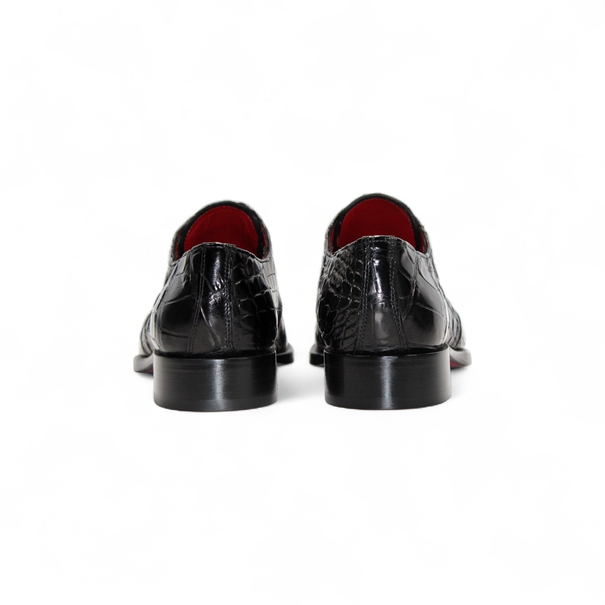 The Fennix Alexander Black by Fennix of Italy is a black leather dress shoe with crocodile texture and low heel, handcrafted in Italian luxury style, shown in side profile against a white background.