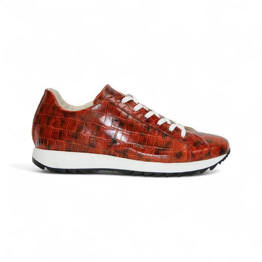 The Emilio Franco Alfio Red sneaker by Emilio Franco is crafted from genuine croco-embossed leather in red, featuring white laces and a white sole, displayed in profile against a plain white background.