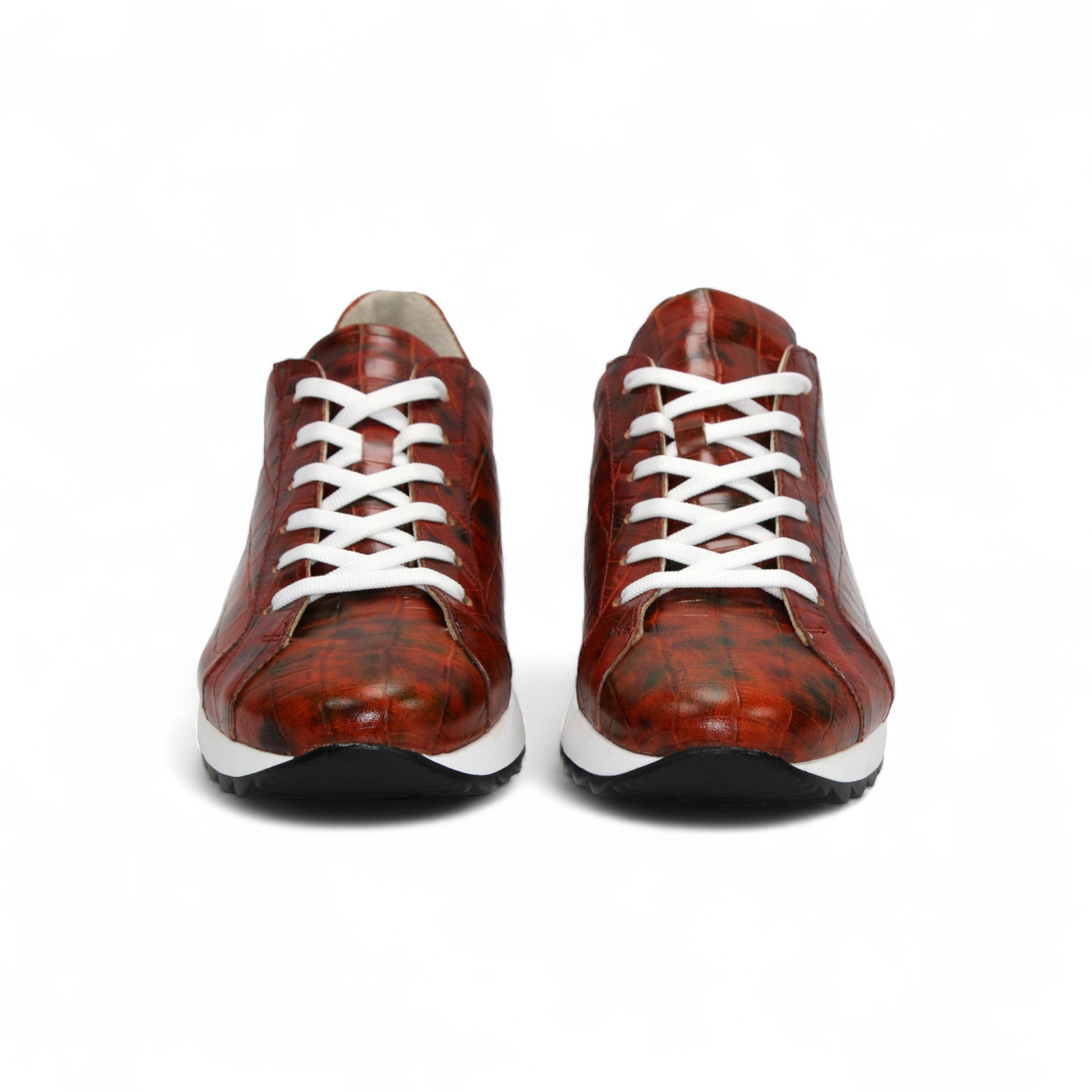 The Emilio Franco Alfio Red sneaker by Emilio Franco is crafted from genuine croco-embossed leather in red, featuring white laces and a white sole, displayed in profile against a plain white background.