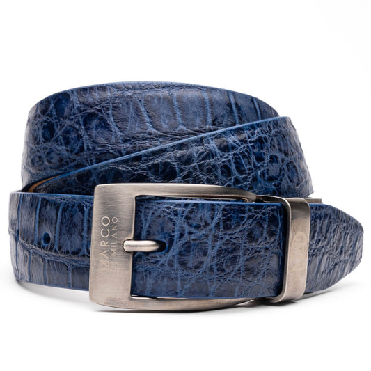 The Emilio Belt Antique Navy by Marco Di Milano features a rolled blue crocodile-patterned leather design and a silver rectangular buckle—ideal for pairing with Marco Di Milano's luxury footwear.