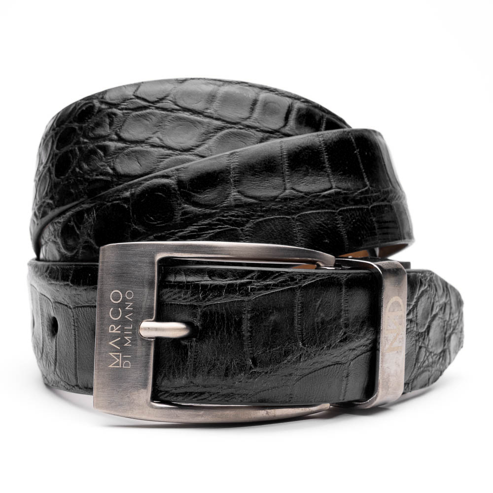 The Emilio Belt Black by Marco Di Milano features coiled black leather with a crocodile texture and a silver buckle engraved "MARCO DI MILANO," pairing perfectly with the brand’s luxury footwear for a refined look.