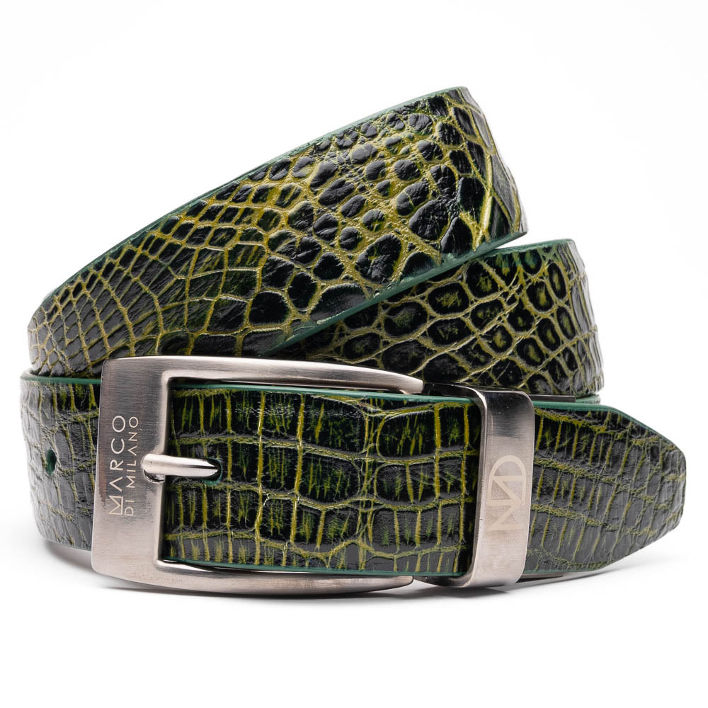 The Emilio Belt Antique Green by Marco Di Milano features textured green leather with a crocodile pattern and a silver, logo-engraved buckle—ideal for pairing with genuine alligator belts and luxury footwear.