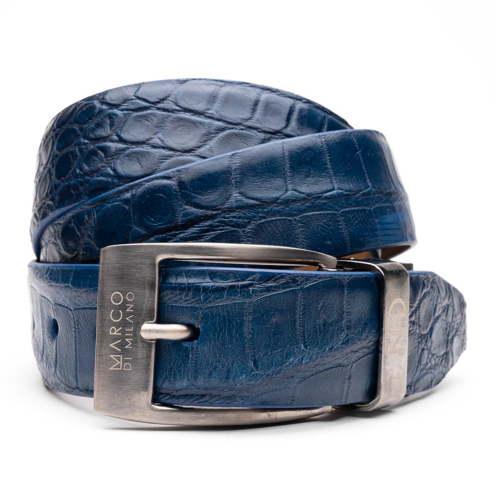 The Emilio Belt Navy by Marco Di Milano is a genuine alligator belt with a luxury crocodile pattern and a metallic, brand-engraved buckle, displayed on a white background.