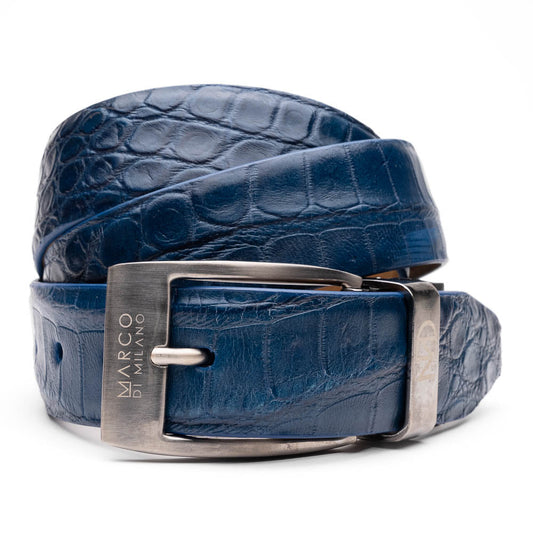 The Emilio Belt Navy by Marco Di Milano is a genuine alligator belt with a luxury crocodile pattern and a metallic, brand-engraved buckle, displayed on a white background.