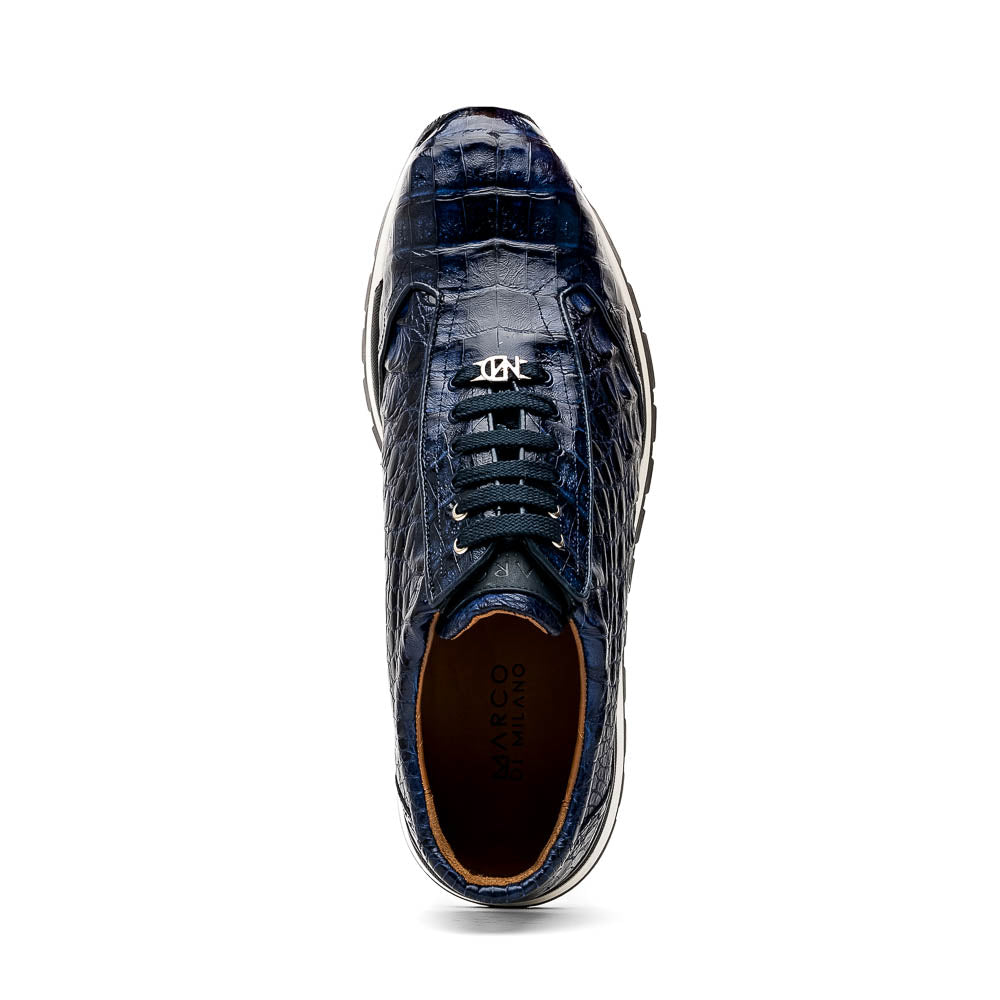 The Alonzo Navy by Marco Di Milano is a luxury men's sneaker in genuine caiman crocodile leather, featuring black laces, a hand-painted finish, white midsole, and black textured outsole.