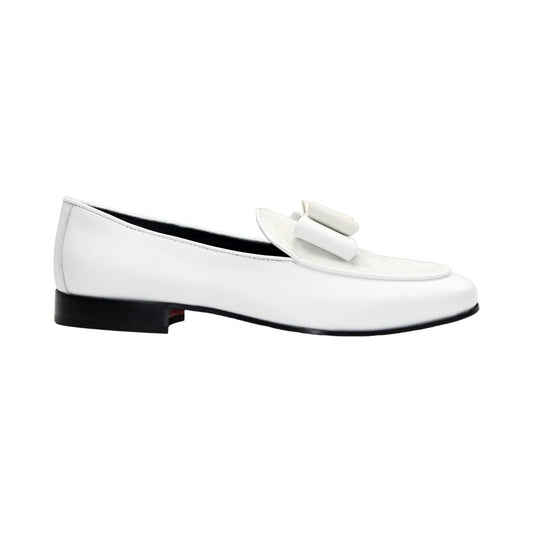 The Duca Amalfi White loafer by Duca Di Matiste is a luxury white leather shoe with a low black heel and bow detail, displayed in side view against a white background.