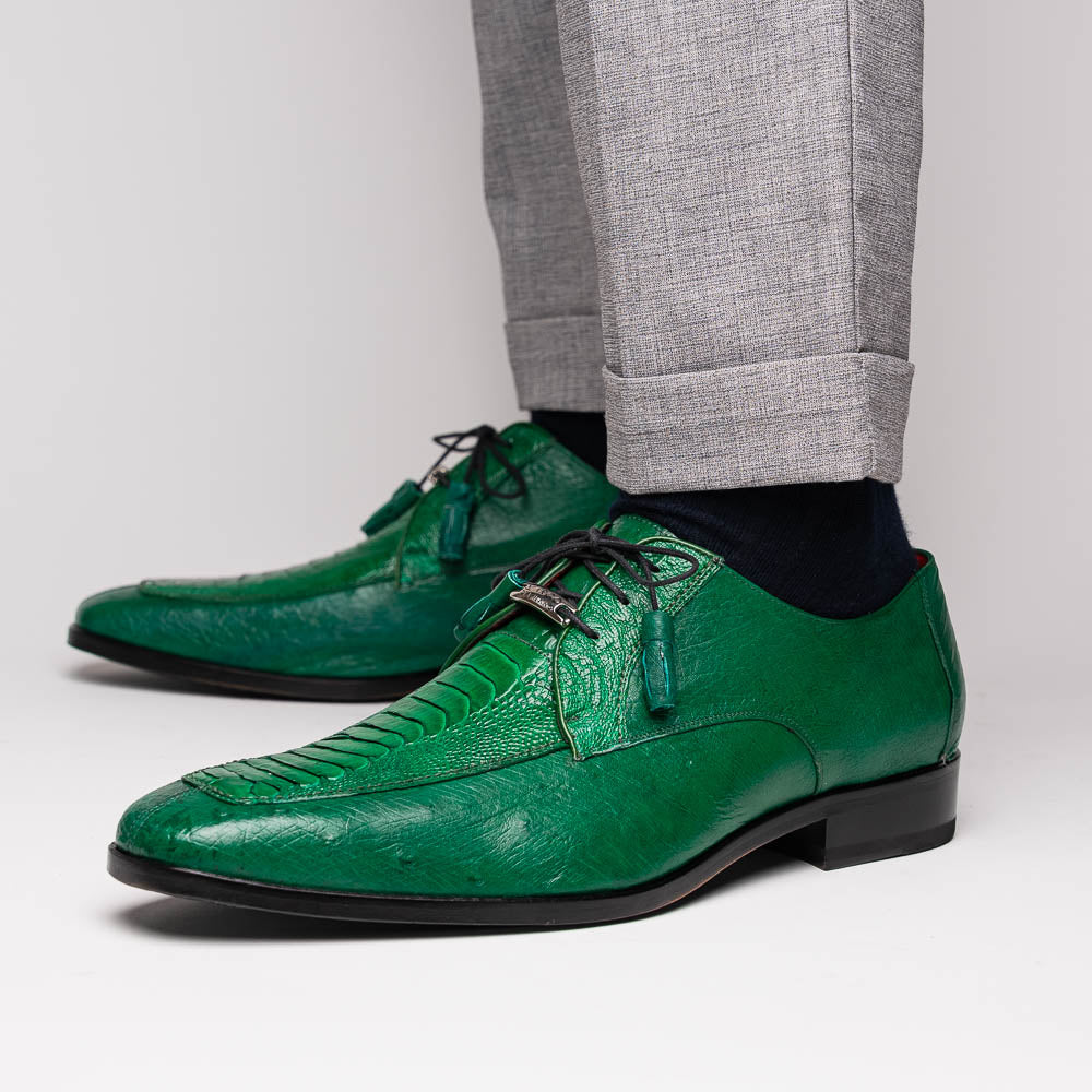 A pair of Marco Di Milano Andretti Lemon Green men's shoes, crafted from genuine ostrich leather with a textured pattern, black laces, and red interior lining—one shoe shown on its side to display the sole.