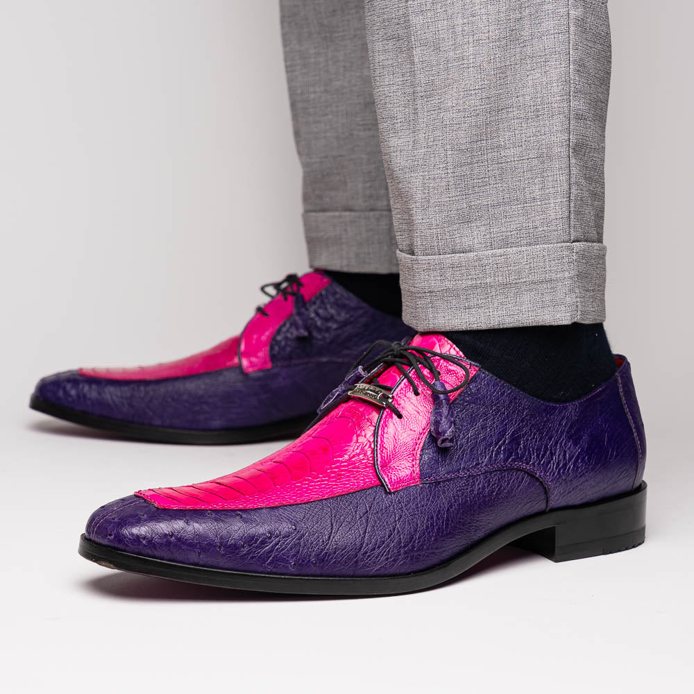 The Andretti Pink / Purple by Marco Di Milano are luxury formal lace-up shoes in purple and bright pink leather with a textured ostrich leg pattern and a metallic shoe tag.