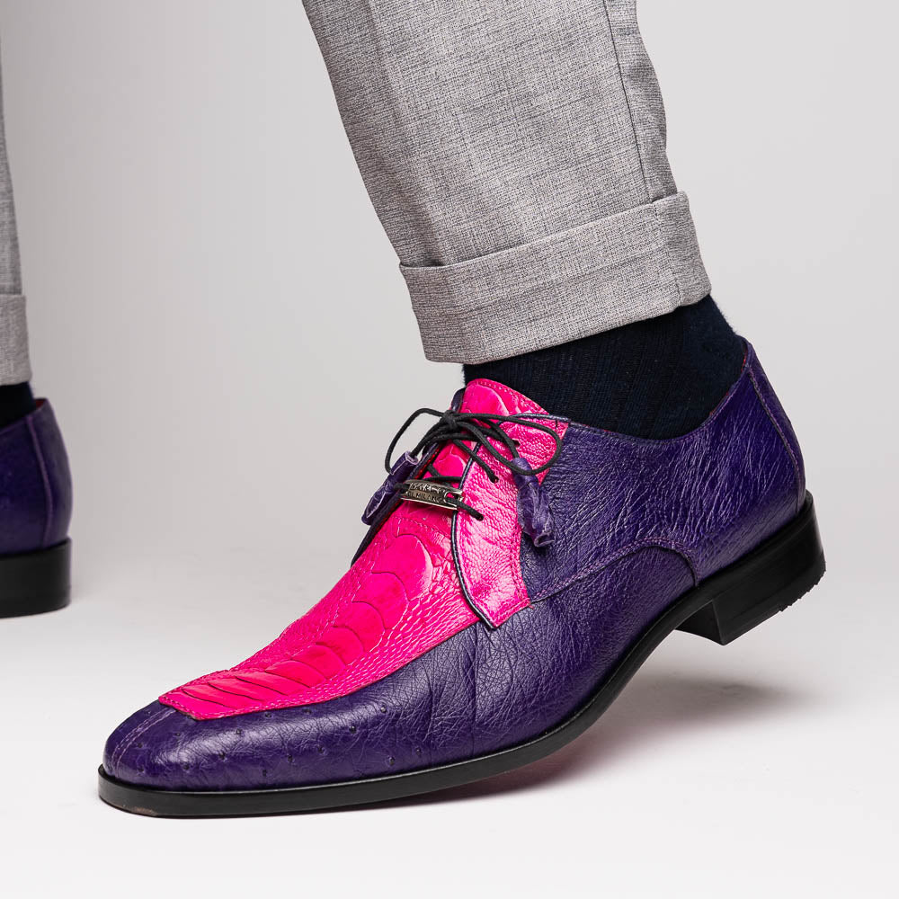 The Andretti Pink / Purple by Marco Di Milano are luxury formal lace-up shoes in purple and bright pink leather with a textured ostrich leg pattern and a metallic shoe tag.