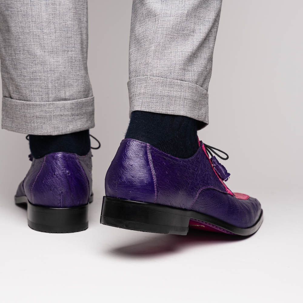 The Andretti Pink / Purple by Marco Di Milano are luxury formal lace-up shoes in purple and bright pink leather with a textured ostrich leg pattern and a metallic shoe tag.