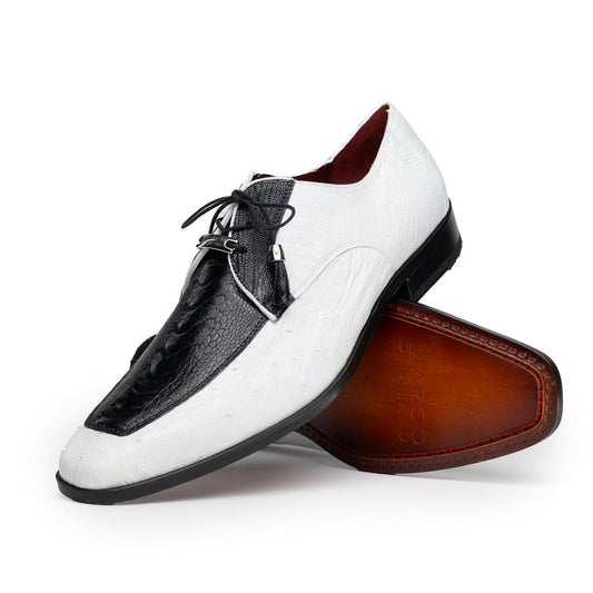 A pair of men’s luxury Andretti Black / White dress derby shoes from Marco Di Milano, these genuine ostrich leather shoes showcase elegant white uppers with black lace-up detailing; one shoe is shown upright while the other displays the rich brown sole.