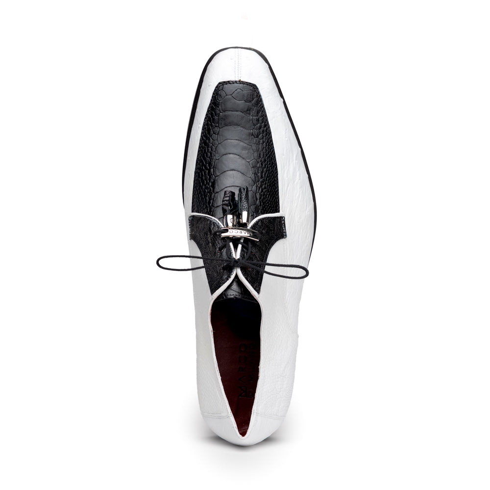 A pair of men’s luxury Andretti Black / White dress derby shoes from Marco Di Milano, these genuine ostrich leather shoes showcase elegant white uppers with black lace-up detailing; one shoe is shown upright while the other displays the rich brown sole.