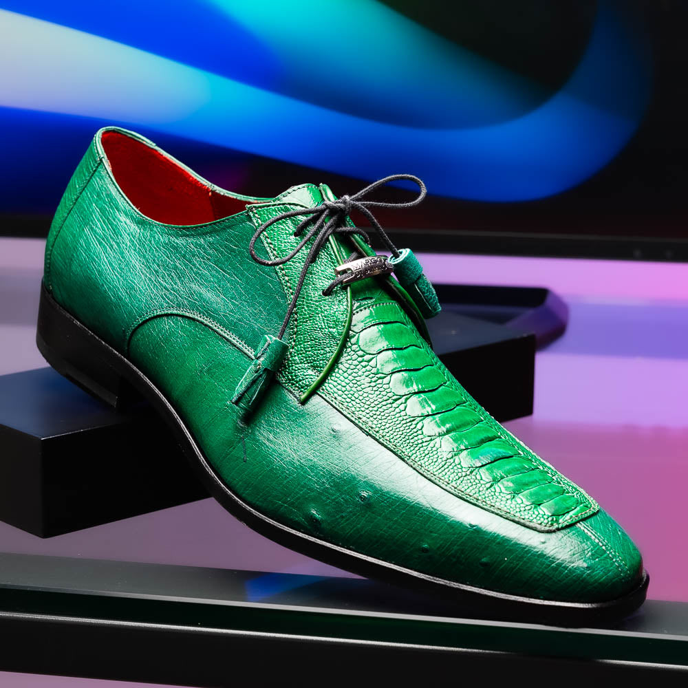 A pair of Marco Di Milano Andretti Lemon Green men's shoes, crafted from genuine ostrich leather with a textured pattern, black laces, and red interior lining—one shoe shown on its side to display the sole.