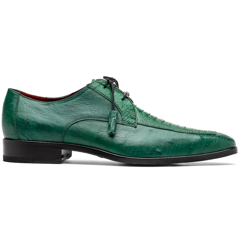 A pair of Marco Di Milano Andretti Lemon Green men's shoes, crafted from genuine ostrich leather with a textured pattern, black laces, and red interior lining—one shoe shown on its side to display the sole.