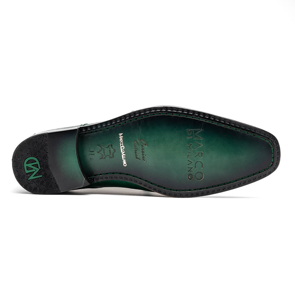 A pair of Marco Di Milano Andretti Lemon Green men's shoes, crafted from genuine ostrich leather with a textured pattern, black laces, and red interior lining—one shoe shown on its side to display the sole.