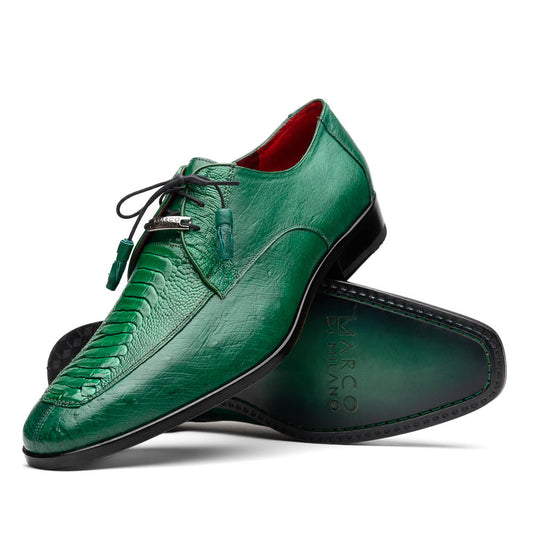 A pair of Marco Di Milano Andretti Lemon Green men's shoes, crafted from genuine ostrich leather with a textured pattern, black laces, and red interior lining—one shoe shown on its side to display the sole.