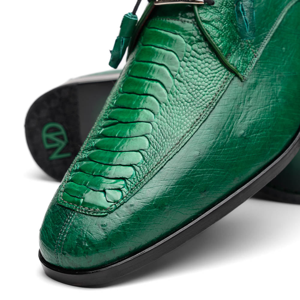 A pair of Marco Di Milano Andretti Lemon Green men's shoes, crafted from genuine ostrich leather with a textured pattern, black laces, and red interior lining—one shoe shown on its side to display the sole.