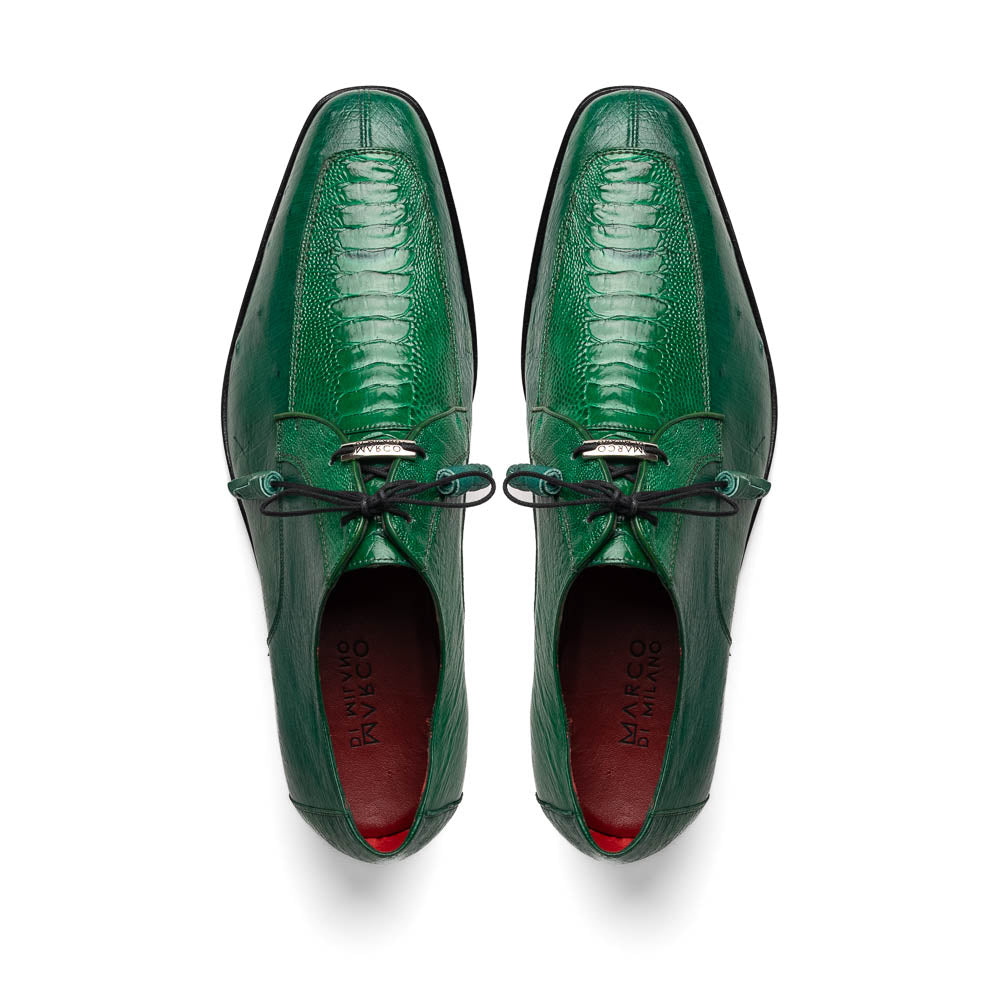 A pair of Marco Di Milano Andretti Lemon Green men's shoes, crafted from genuine ostrich leather with a textured pattern, black laces, and red interior lining—one shoe shown on its side to display the sole.
