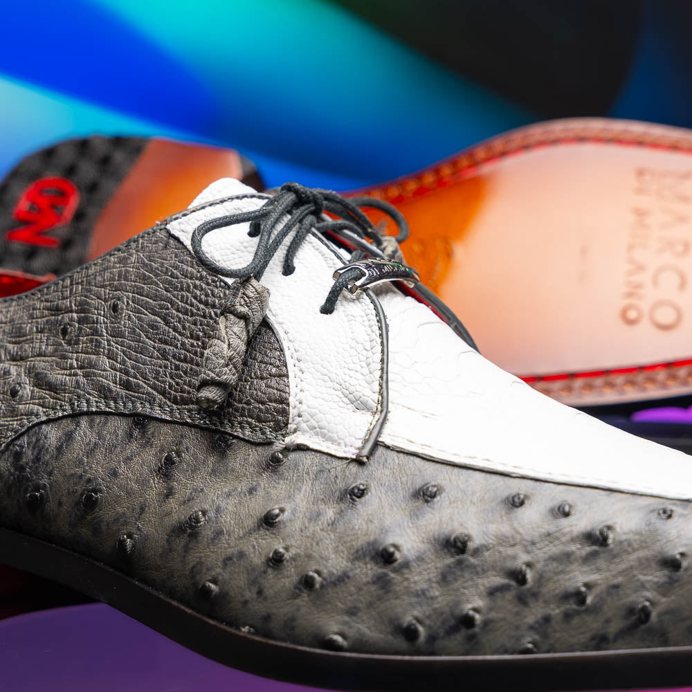 The Marco Di Milano Andretti White / Gray is a luxury men's shoe with a white and grey textured upper, black laces, and a brown leather sole accented by visible stitching.