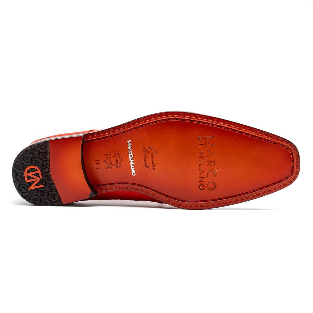 The Andretti Orange by Marco Di Milano are vibrant orange leather dress shoes with black laces and textured detailing, one upright and one showing the branded sole—ideal luxury footwear for men.