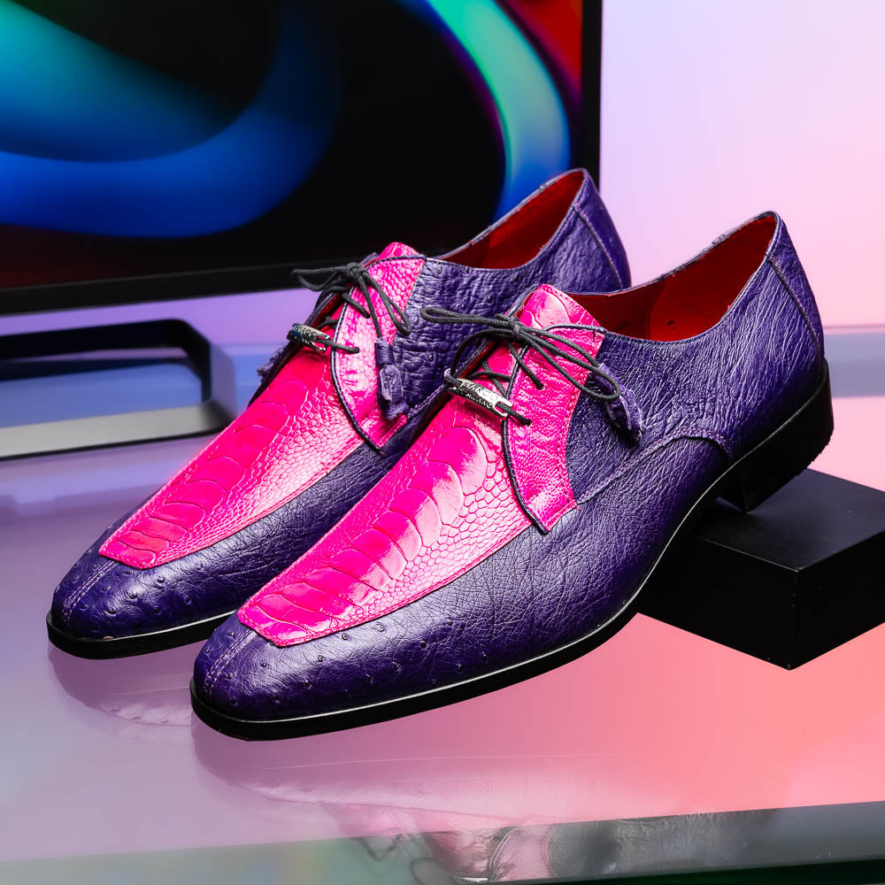 The Andretti Pink / Purple by Marco Di Milano are luxury formal lace-up shoes in purple and bright pink leather with a textured ostrich leg pattern and a metallic shoe tag.