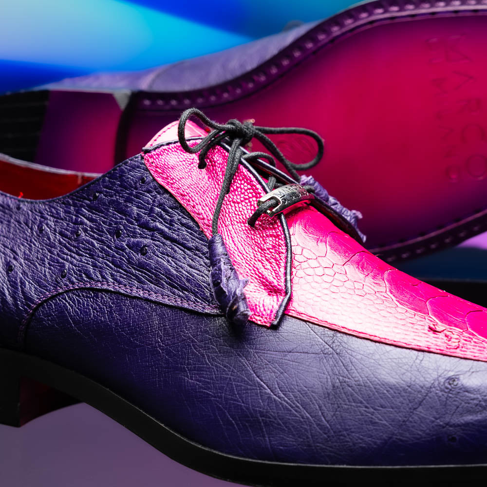 The Andretti Pink / Purple by Marco Di Milano are luxury formal lace-up shoes in purple and bright pink leather with a textured ostrich leg pattern and a metallic shoe tag.