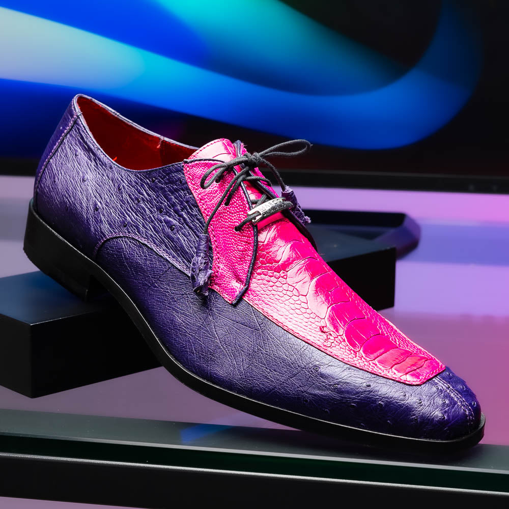 The Andretti Pink / Purple by Marco Di Milano are luxury formal lace-up shoes in purple and bright pink leather with a textured ostrich leg pattern and a metallic shoe tag.